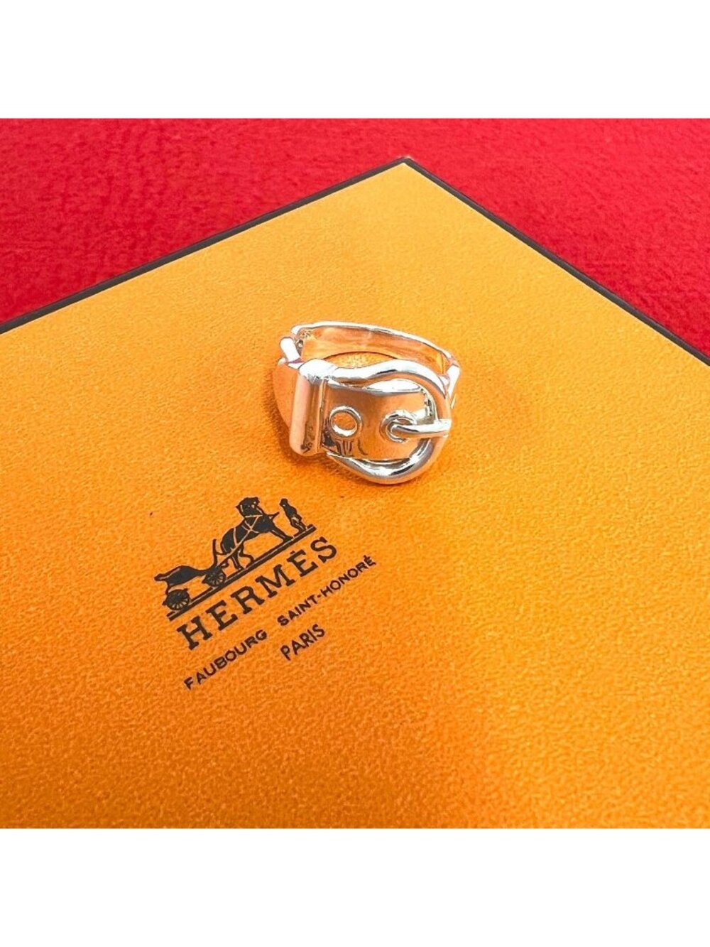 Hermes Vintage Boucles Sellier Ring 925 Sterling Silver